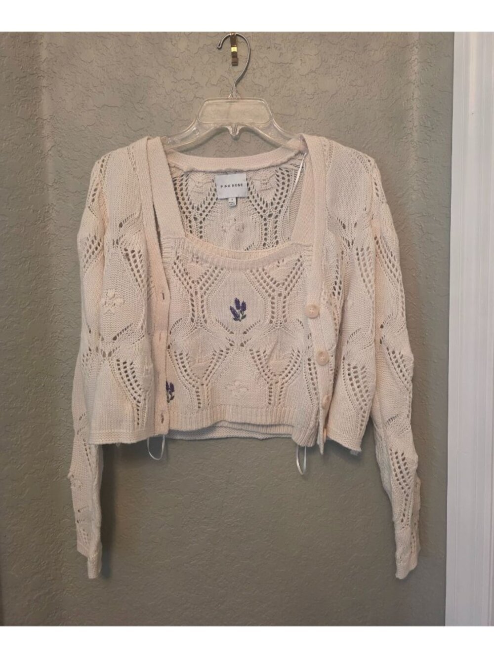 Pink Rose 2 Piece Embroidered Cardigan Open Knit Sweater Tank Set S EUC